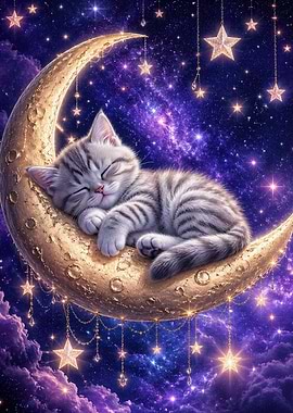Kitten Sleeping on Crescent Moon in Starry Sky
