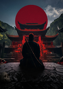 Ninja Meditating Before Japanese Temple