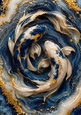 Two Koi Fish in Blue and Gold Water