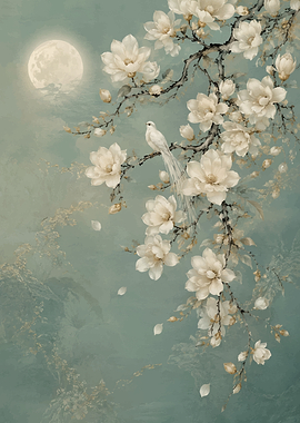 White Bird and Magnolia Flowers under the Moon