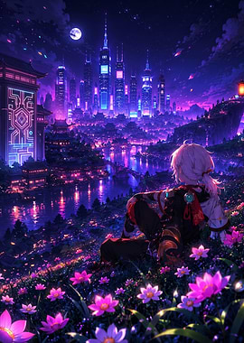 Anime Character Overlooking Neon Cityscape