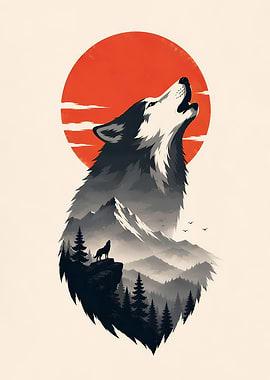 Wolf howling at the sun