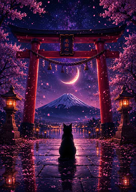 Black Cat at Torii Gate with Mt. Fuji