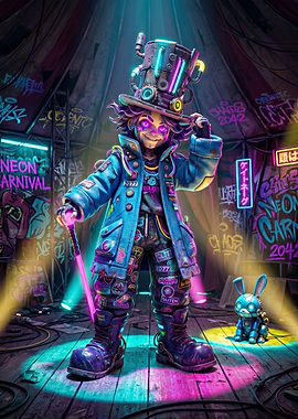 Cyberpunk Carnival Character with Robot Bunny