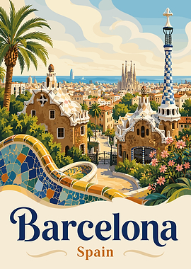 Barcelona Park Guell Travel Poster