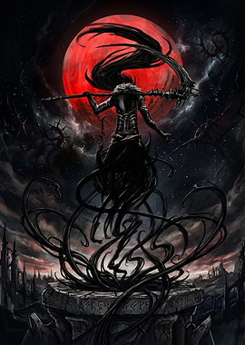 Dark Figure with Scythe Under Red Moon