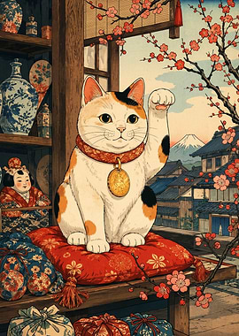 Maneki Neko Cat with Mount Fuji View