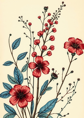 Red Flowers and Blue Leaves Illustration
