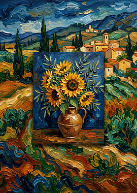 Van Gogh Style Sunflowers in a Tuscan Landscape