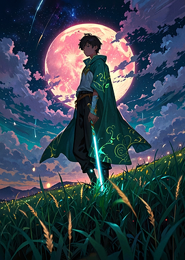 Anime character with glowing sword under moon