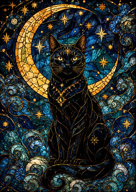 Black Cat with Moon and Stars
