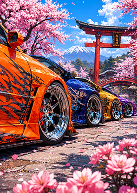 Tuned Cars Under Cherry Blossoms