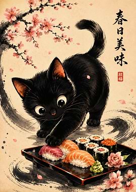 Cute Black Cat with Sushi and Cherry Blossoms