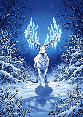 Majestic Ice Stag in Snowy Forest