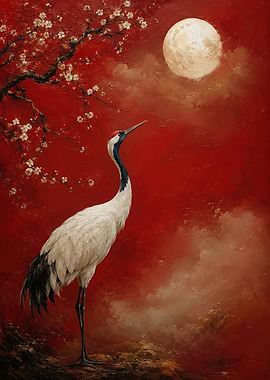 Red Crowned Crane Under Cherry Blossoms
