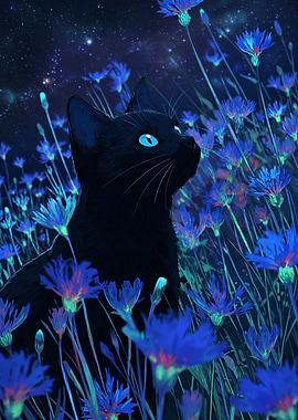 Black Cat in a Field of Blue Flowers