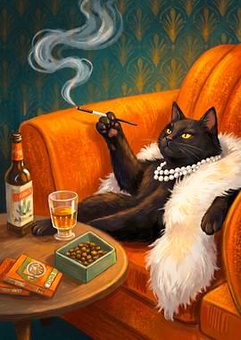 Glamorous Black Cat Smoking and Drinking