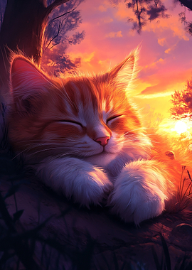 Sleeping Orange Tabby Kitten at Sunset