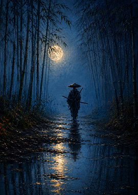 Samurai walking in a moonlit bamboo forest
