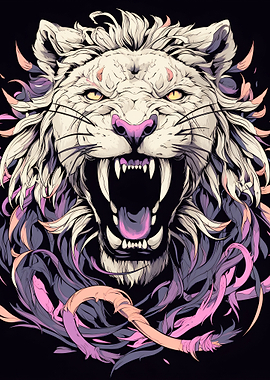 Roaring White Lion with Pink Mane Accents