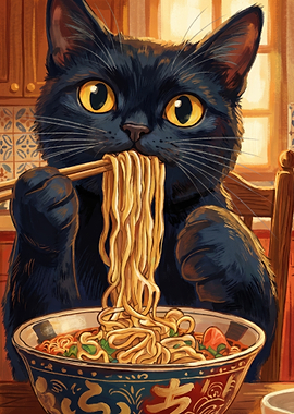Black Cat Eating Noodles