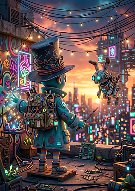 Steampunk character with robot bunny