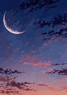 Crescent Moon and Sunset Clouds