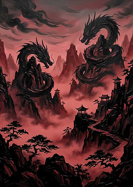 Two Dragons in a Misty Mountain Landscape