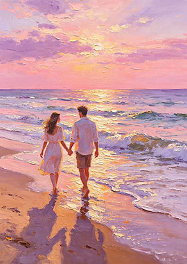 Couple walking on beach at sunset