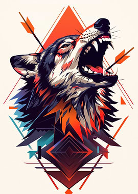 Aggressive Wolf with Arrows and Geometric Shapes