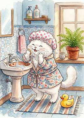 Cute Cat in Bathrobe and Shower Cap
