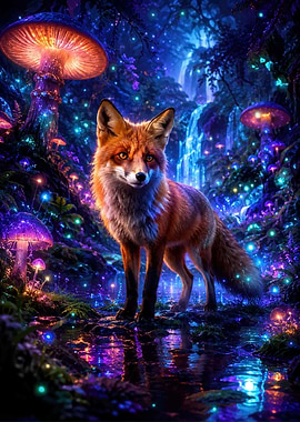 Enchanted Forest Fox with Glowing Mushrooms
