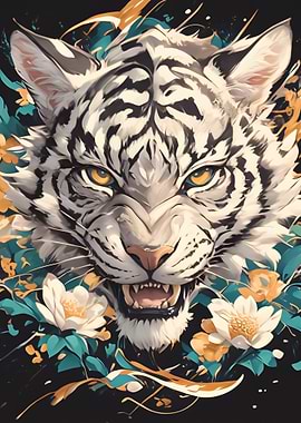 Fierce White Tiger with Flowers