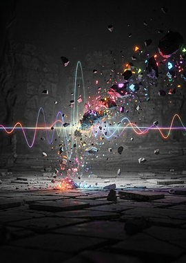 Explosion of Colorful Shards and Sound Waves