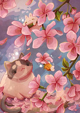 Cute Cat and Bee Among Cherry Blossoms
