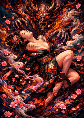 Geisha and Demon in Fiery Bloom