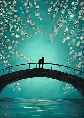 Bathing in Blue | Couple on Bridge Under Cherry Blossoms