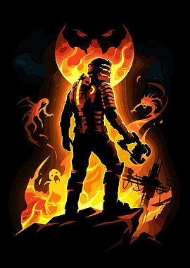 Isaac Clarke in a fiery hellscape
