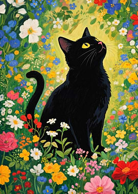 Black Cat in a Field of Flowers