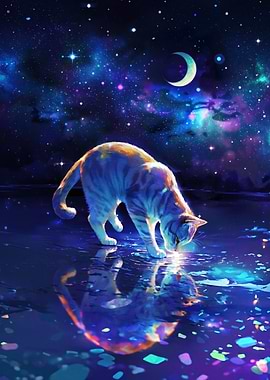 Cat drinking from a starry galaxy puddle