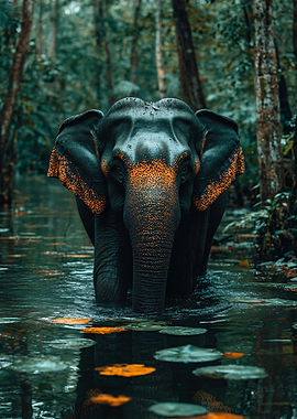 Elephant in a Lush Forest Stream