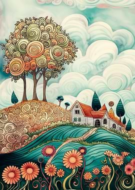 Whimsical Countryside Landscape with Swirling Clouds