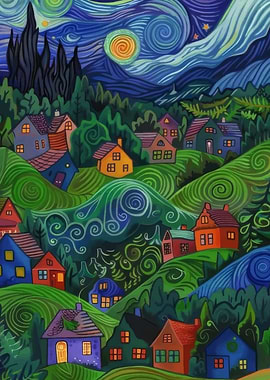 Whimsical Village Under Starry Night Sky