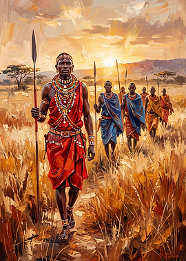 Maasai Warriors in Savannah Sunset