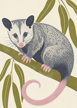 Opossum on a Branch with Leaves