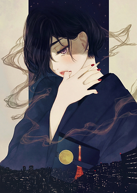 Woman Smoking with Cityscape Overlay