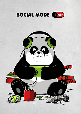 Panda gamer with pizza and soda