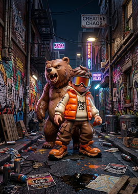 Urban Art Alley with Bear and Boy