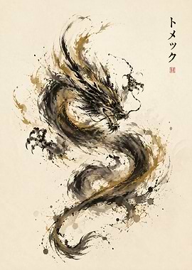 Ink Dragon Painting with Japanese Text
