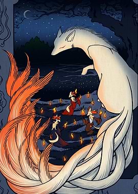 Mythical Foxes and Lanterns at Night